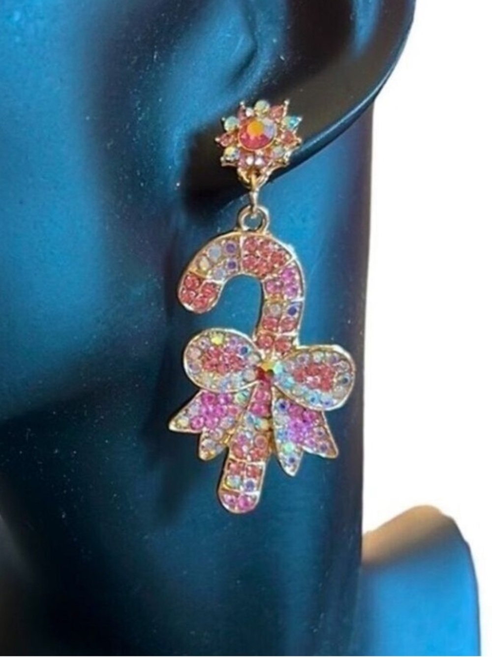 CHRISTMAS Candy Cane Iridescent Rhinestone Dangle Pierced Earrings